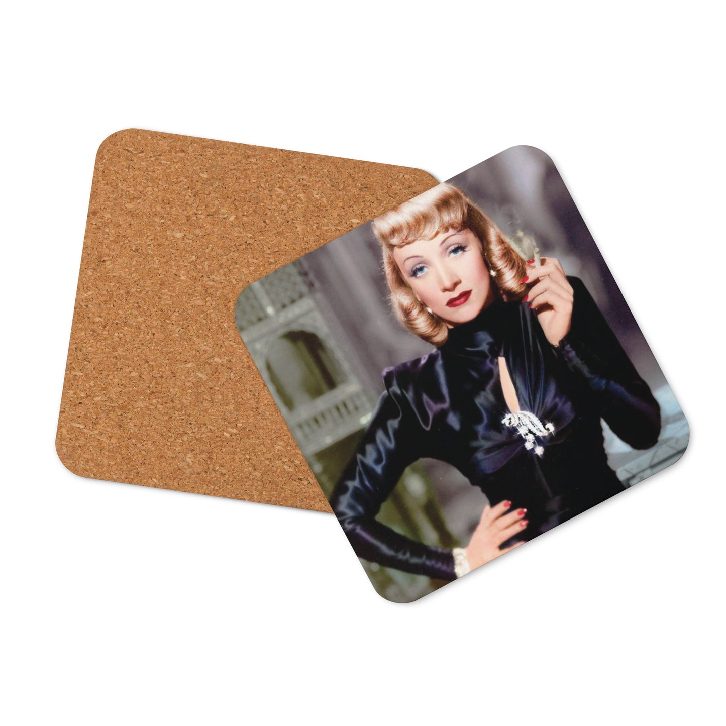 Marlene Dietrch in a Milo Anderson costume Cork-back coaster