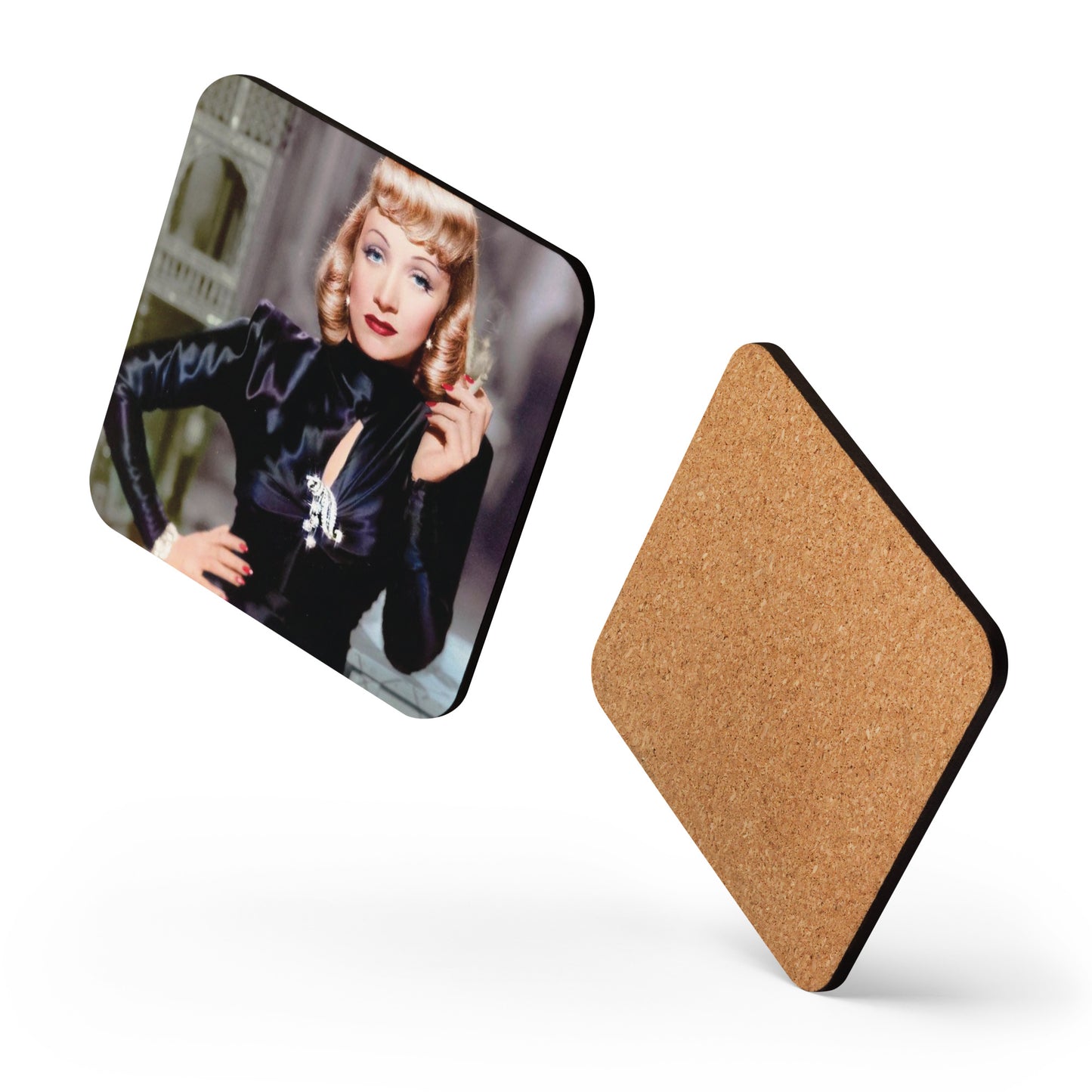 Marlene Dietrch in a Milo Anderson costume Cork-back coaster