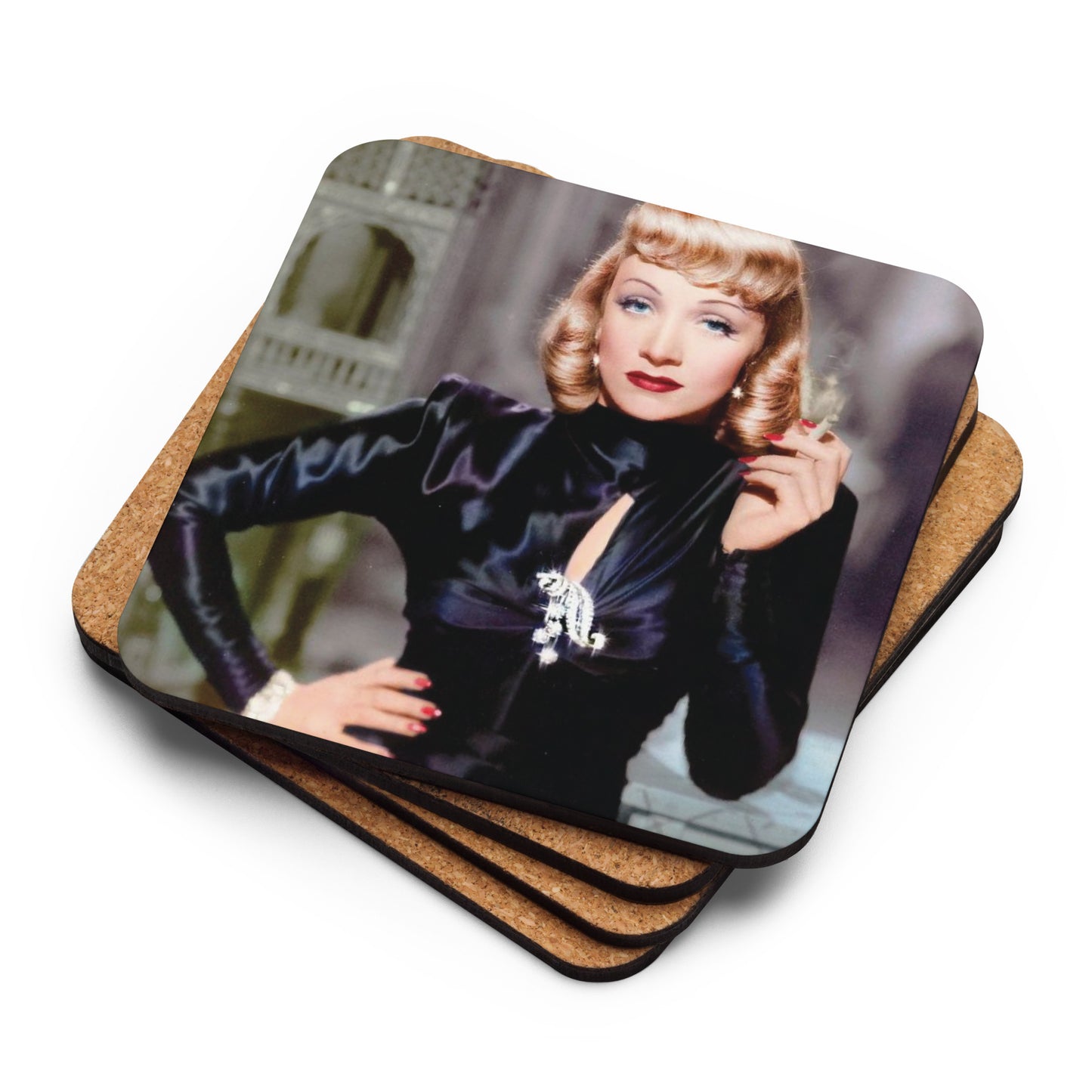 Marlene Dietrch in a Milo Anderson costume Cork-back coaster