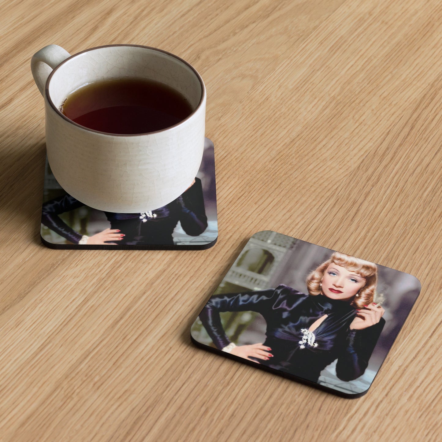 Marlene Dietrch in a Milo Anderson costume Cork-back coaster